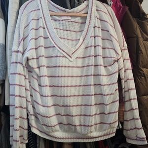 Pink Lily White V-Neck Waffle Knit Top with Pink Stripes